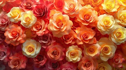 Obraz premium Lush arrangement of multicolored roses featuring shades of pink yellow and orange Tightly packed flower heads showcasing petal textures