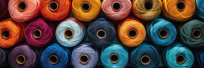 Colorful yarn spools close up