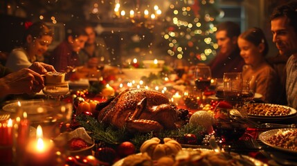 Family, Children, Friends and Young Couples Gather at Home for a Festive Christmas Evening. Diverse People Enjoy Delicious Turkey Feast and Share Heartwarming Conversations. Cozy, Generative AI