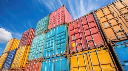Fototapeta premium Vibrant Stacked Shipping Containers under Blue Sky