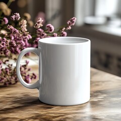 mug mockup, taza blanca sobre una mesa vista 