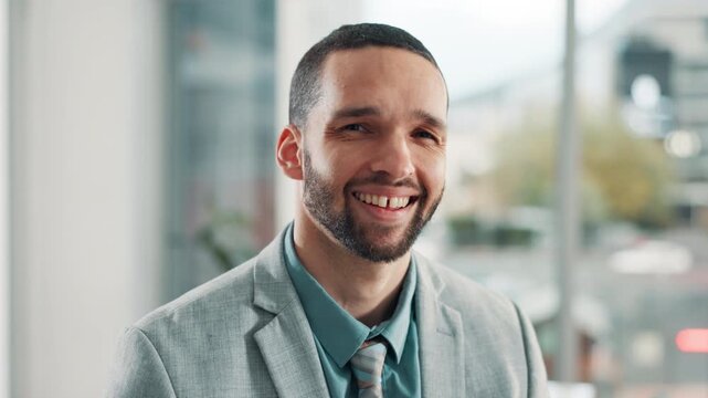 Happy, face and business man in office with confidence for company growth, career ambition or professional. Financial consultant, portrait and employee for smile, promotion or return on investment
