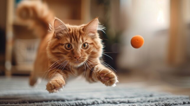 Orange tabby cat leaps towards toy
