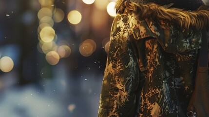 34. Winter Coat, realistic style, muted tones, nature-inspired pattern, over-the-shoulder, high contrast, bokeh,