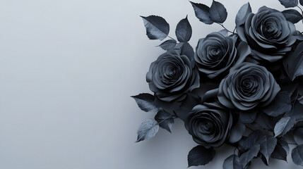 A bouquet of black roses against a white background with a focus on its delicate petals