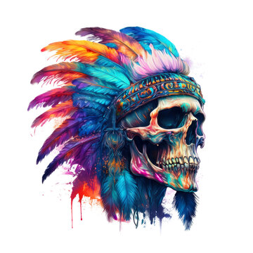 Vibrant, detailed digital artwork of a skull adorned with a Native American headdress, featuring colorful feathers and intricate designs. Perfect for edgy, artistic projects.