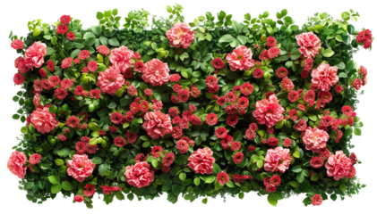 Vibrant floral wall display with red roses and lush green foliage, cut out