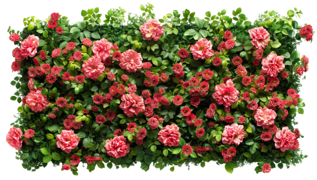Vibrant floral wall display with red roses and lush green foliage, cut out