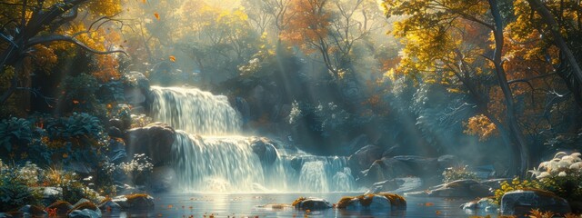 Fototapeta premium Distant Waterfall (Optional): If the composition allows, include a hint of a cascading waterfall in the distance, adding a touch of movement and sound.