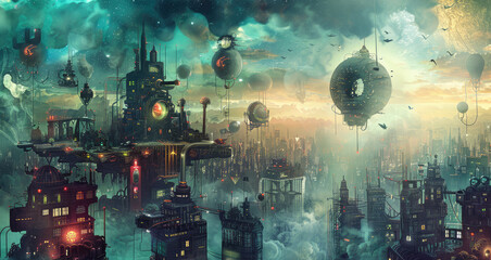 Futuristic Floating Cityscape at Dusk