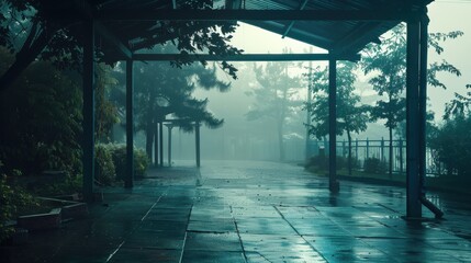 36. Rain Shelter, realistic style, colors full, abstract shapes, high angle, natural light, fog,