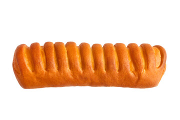 Long sweet bun with filling on a white background. Close-up of a bakery product.