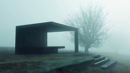 36. Rain Shelter, realistic style, colors full, abstract shapes, high angle, natural light, fog,