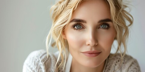 Beautiful gorgeous mid aged woman looking at camera isolated on gray white. Mature old lady close up portrait.