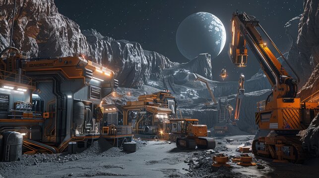 Futuristic Space Mining Station on Distant Moon