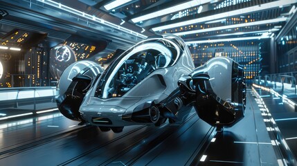 Obraz premium Sleek Futuristic Hover Car in High-Tech Environment