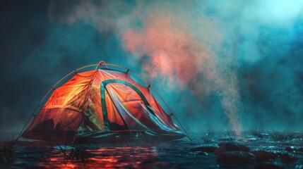 37. Waterproof Tent, realistic style, bold colors, metallic pattern, eye level, bright light, smoke,