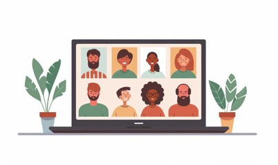 Multiethnic People Conference Meeting Online and Discussing Business Project. Laptop Screen Containing a Group Video Call. Colleagues Working From Home and Collaborating on, Generative AI 