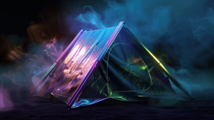 37. Waterproof Tent, realistic style, bold colors, metallic pattern, eye level, bright light, smoke,