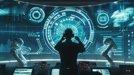 Futuristic Command Center: AI Operative Monitoring Global Cybersecurity Threats and Data Analysis