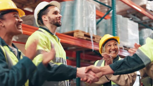 Handshake, people and achievement in warehouse for collaboration, trust and success with applause. Shaking hands, celebration and logistics industry for intro, supply chain and cooperation together