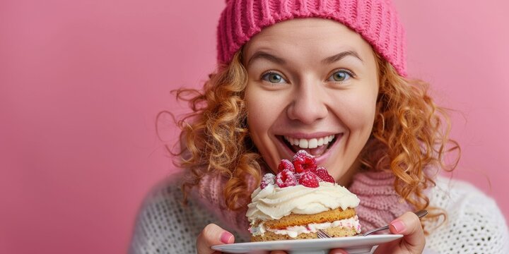 Smiling Woman in Pink Beanie Enjoying a Delicious Cake with Cream and Berries