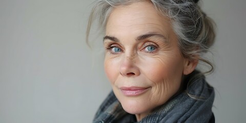 Beautiful gorgeous mid aged woman looking at camera isolated on gray white. Mature old lady close up portrait.