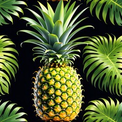 Fototapeta premium Golden yellow ripe pineapple with green leaves. Detailed tropical fruit texture