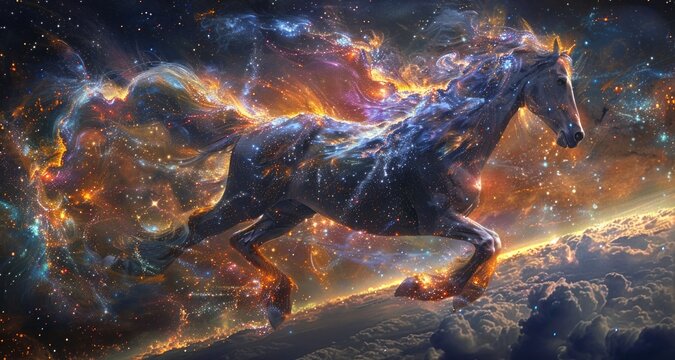 Starry horse leaps through cosmic landscape