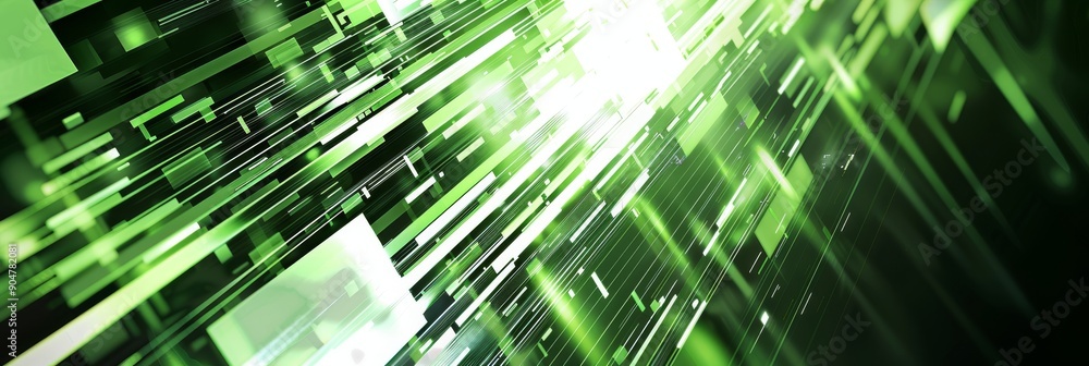 Poster dynamic abstract background of green light streaks and geometric patterns. perfect for technology th