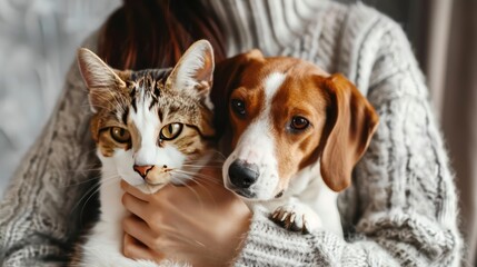 A woman holding a cat in one arm and a dog in the other.