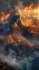 Naklejka premium Illustrate the power of resilience in a rugged mountain range scene at sunset, where the vibrant colors and dramatic lighting convey strength and determination in the face of challenges