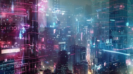Futuristic Cyber City with Neon Lights