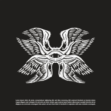 Vintage hand drawn sketch art seraphim biblical angel isolated on black background