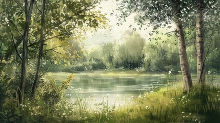 Fototapeta premium Serene Forest Landscape with Trees and a Calm River