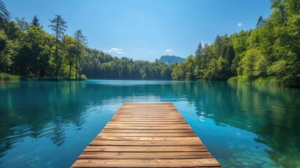 Obraz premium A serene scene featuring a wooden pier stretching into a tranquil, clear forest lake surrounded by lush green trees under a bright blue sky, ideal for relaxation and nature lovers.