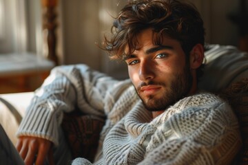 Obraz premium Pensive Young Man in Cozy Sweater Sitting Indoors with Sunlight Streaming Through Window