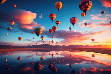 Obraz premium Hot air balloons over lake at sunset