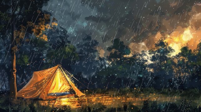 39. Wet Weather Camping, realistic style, earth tones, watercolor pattern, wide shot, backlight, glowing light, - Powered by Adobe
