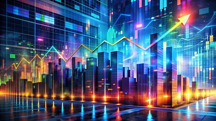 Glitch Art Illustration of Business Growth. Distorted Visuals, Pixelation, Static, Rising Graphs, Abstract Shapes, Vibrant Colors, Innovation, Development, Dynamic Transformative Composition