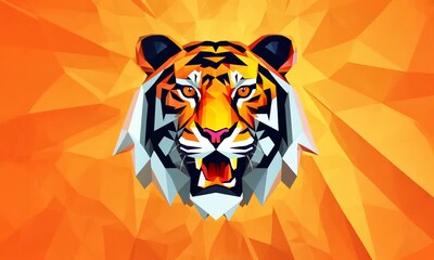 Low poly art of a roaring tiger in high details. Vector animal triangle geometric illustration. Abstract polygonal art. With orange color background. - Powered by Adobe