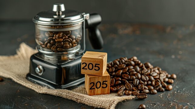Wooden Blocks with Numbers 205 Next to Coffee Grinder and Coffee Beans on Rustic Background