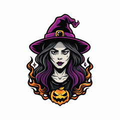 A spooky witch girl with purple hair and a purple hat, wearing a black shirt and a necklace, with an orange flame surrounding her and a jack-o-lantern in front of her.