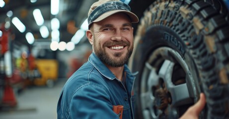 Smiling Mechanic in Workshop Replacing Truck Tire with Confidence and Skill