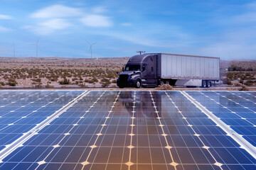 solar panels on the road, Wind turbines and solar panels with the clouds and sky, renewable energy