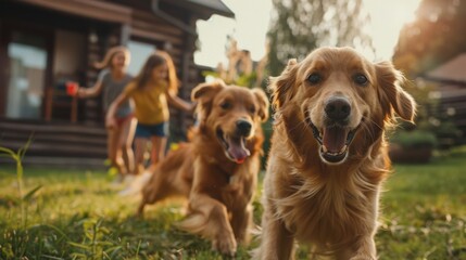Joyful Golden Retrievers Playing Outdoors with Kids in Sunny Backyard