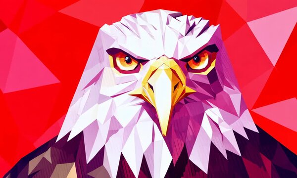  Low poly art of a roaring eagle head in high details. Vector animal triangle geometric illustration. Abstract polygonal art. With Red and white color background