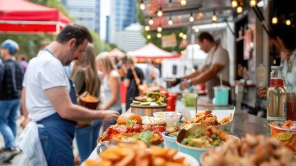 A food truck festival with people enjoying various cuisines