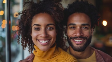 Happy couple posing for a portrait in a cafe
