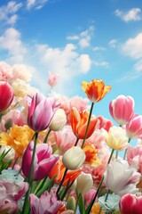 Colorful tulips against blue sky